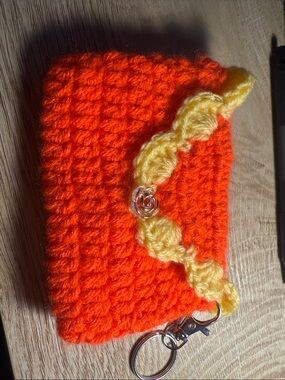 Handmade Orange Crochet Coin Purse with Yellow Trim